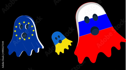 An illustration of a frightened Ukraine fleeing from Russia to the European Union. War and tensions