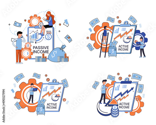 Active income obtained in course of certain activity using your knowledge and skills, getting paid for work. Works, earns salary. Idea of financial growth, business development, wages. Activity growth