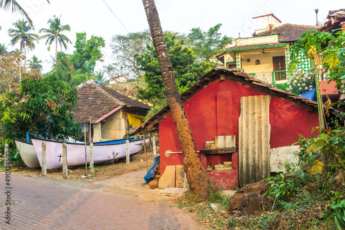 Houses of fishermen at Dona Paula beach in North Goa, India.