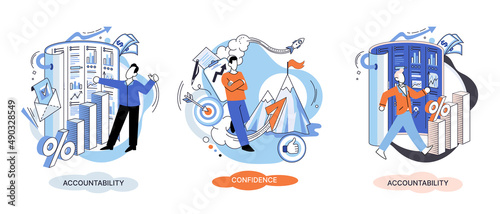 Personal quality concept creative metaphors set. Confidence, accountability and discipline, mental strength, psychological flexibility, decision making, leadership role, personal development