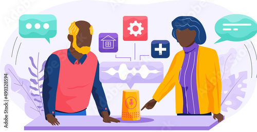 Voice assistant. Smart speaker virtual assistant, sound robot, people using voice controlled smart speaker. Voice activate digital assistant identification control contactless mobile device microphone