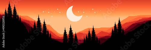 night at mountain with tree silhouette flat design vector illustration good for wallpaper, background, banner, backdrop, web, tourism, and design template