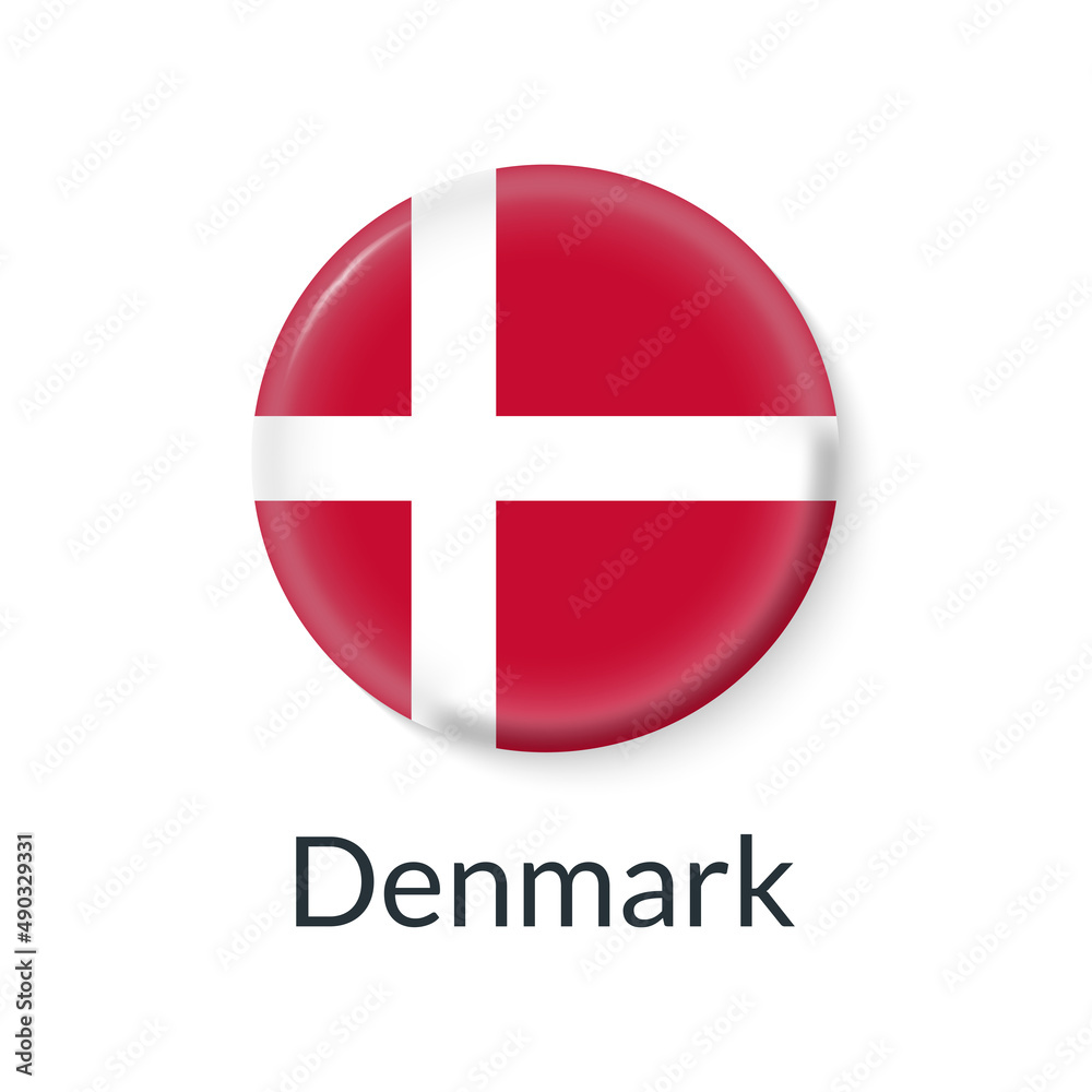 Obraz premium Denmark flag 3d icon, circle badge or button. Round Danish national symbol. Vector illustration.