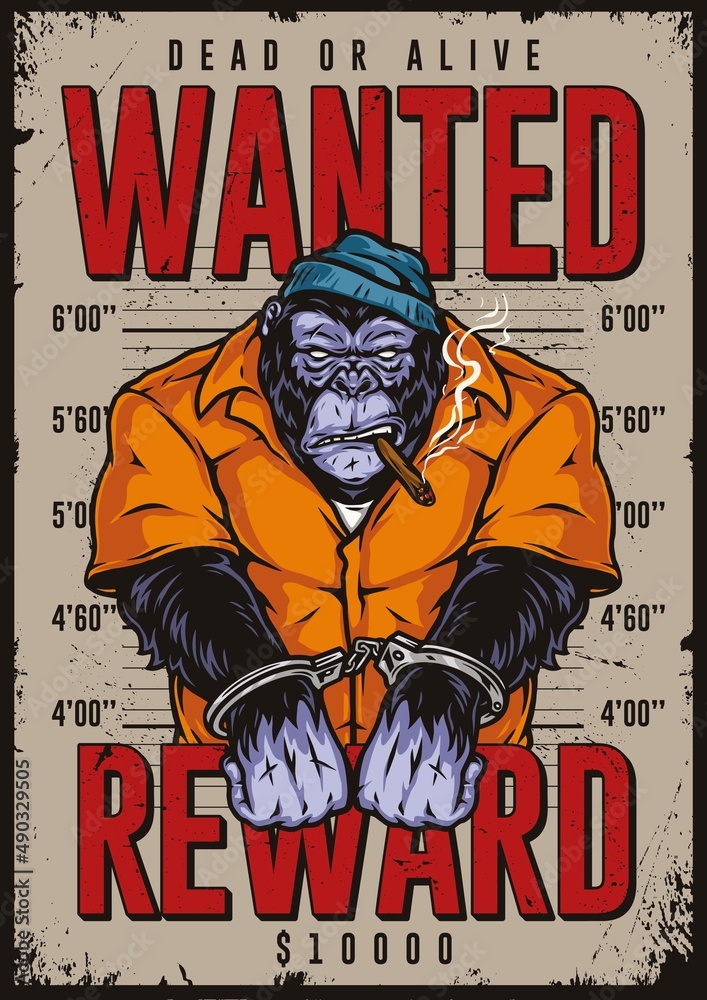Wanted poster with smoking gorilla prisoner