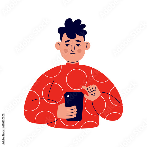 A young man in a red sweater works with a phone on social media. Vector illustration (ID: 490330303)