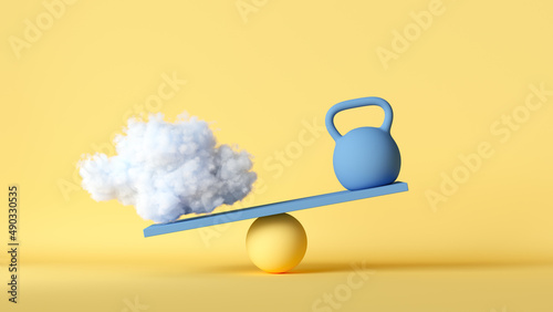 3d render. Paradox of cloud and heavy weight placed on scales, isolated on yellow background. Abstract balance or comparison concept. Business metaphor. Modern minimal scene