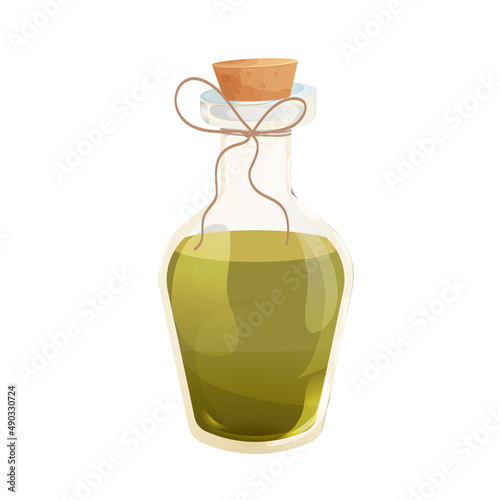 Olive oil in glass bottle with cork in cartoon style isolated on white background. Greek natural ingredient 
