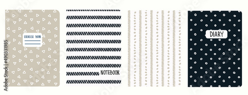 Cover page templates based on seamless geometric patterns in white, black, beige with handdrawn shape, wavy, lines. Backgrounds for notebooks, notepads, diaries. Headers isolated and replaceable