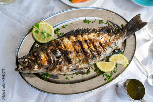 Grilled grouper fish on a silver plate in a restaurant in Crete, Greece. photo