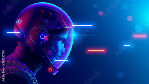 Astronaut or cosmonaut helmet close up side view. Space tourist in space suit in cosmos. Sci-fi portrait of woman astronaut. Space tourism concept. head in a helmet look at space.