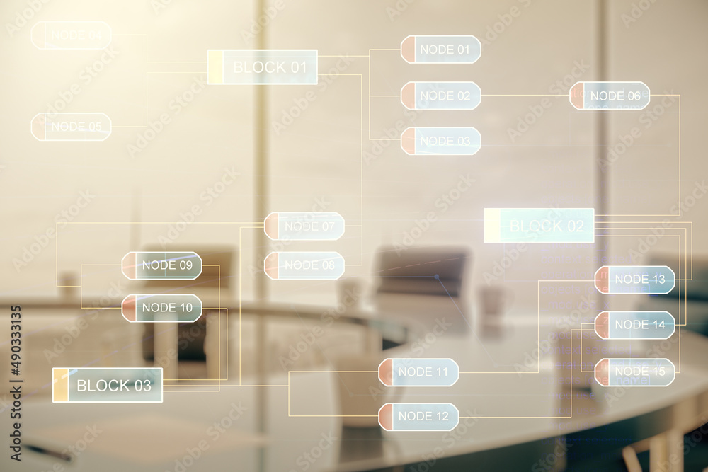 Multi exposure of abstract software development hologram on a modern meeting room background, research and analytics concept