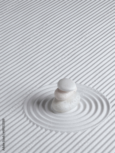 japanese style minimal abstract background. zen garden and stone balance with white sand background. for cosmetic and product presentation. 3d rendering illustration.