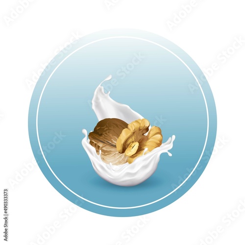 Vector collection of nut vegan milk alternatives labels. Walnut milk sticker with almond on blue background.