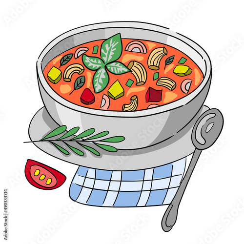 Minestrone illustration. Italian soup vector, napkin and spoon