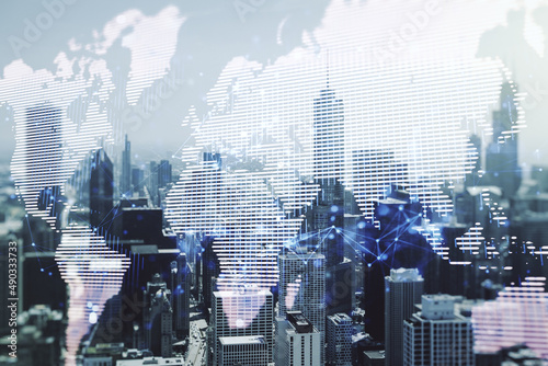 Abstract creative world map interface on Chicago skyline background, international trading concept. Multiexposure