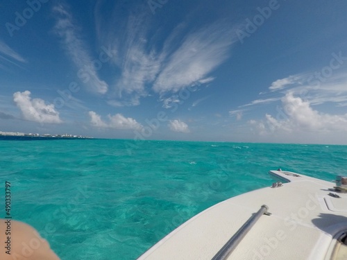 blue ocean and sky on a bot in san andres colombia during a trip