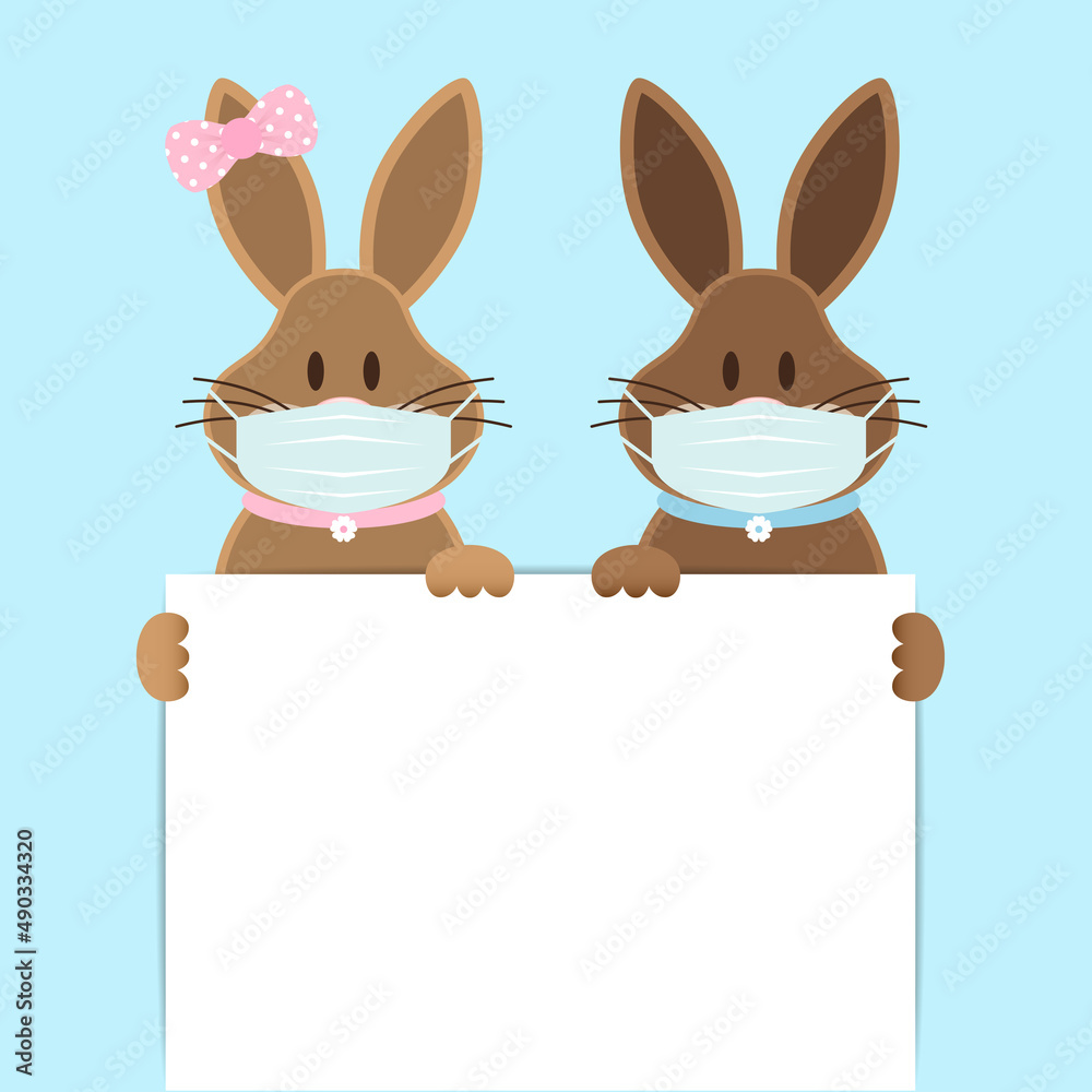 Obraz premium 2 Osterhasen Mädchen & Junge Maske Halten Kleines Schild Himmel