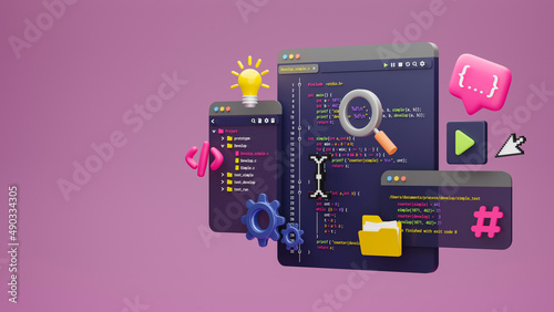 Programmer developer typing script source languages coding symbols icon development project data programming software engineering IT technologies computer. 3d rendering.