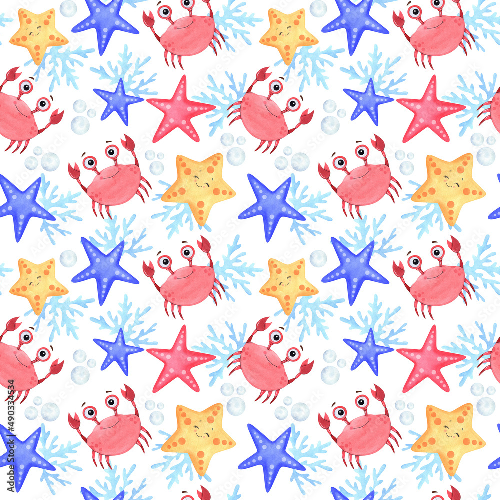 Seamless pattern with starfish, ship, crab, anchor, lifebuoy. Watercolor illustration. Summer sea background. Seamless pattern with starfish, ship, crab, anchor, lifebuoy. Watercolor illustration. Summer sea background.