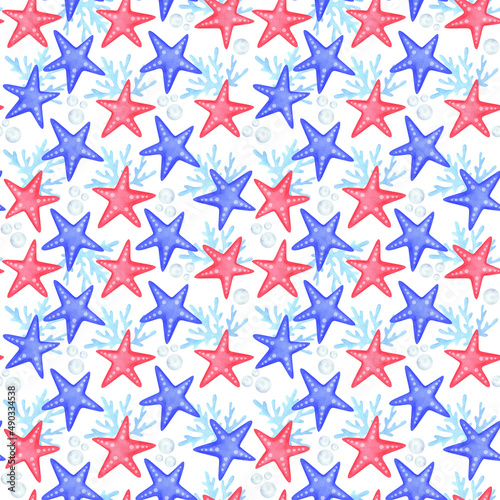 Wallpaper Mural Seamless pattern with starfish, ship, crab, anchor, lifebuoy. Watercolor illustration. Summer sea background. Torontodigital.ca