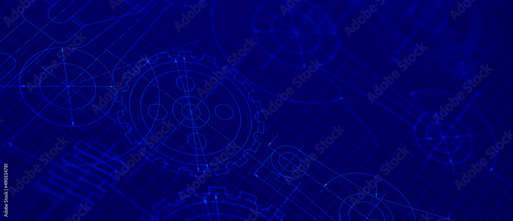 Blueprints engineer technician design drawing mechanical gear engineering Engine factory Industry Industrial technology project abstract presentation cover banner background. 3d rendering.