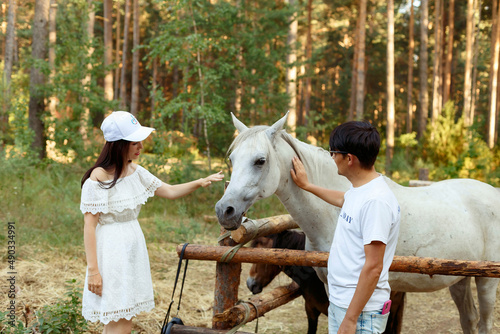 a guy and a girl on a date in a pine forest on the background of horses