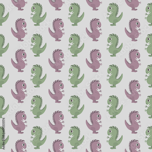 Dinosaur seamless pattern. Cute dino vector illustration. Monster fictional character. Animal, living organism. Cartoon character. Baby textile design, wallpaper, wrapping paper. Green, purple colour.