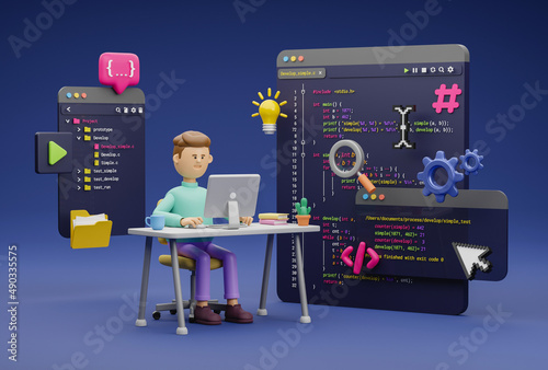 Programmer developer typing script source languages coding symbols  icon development project data programming software engineering IT technologies computer. 3d rendering. photo