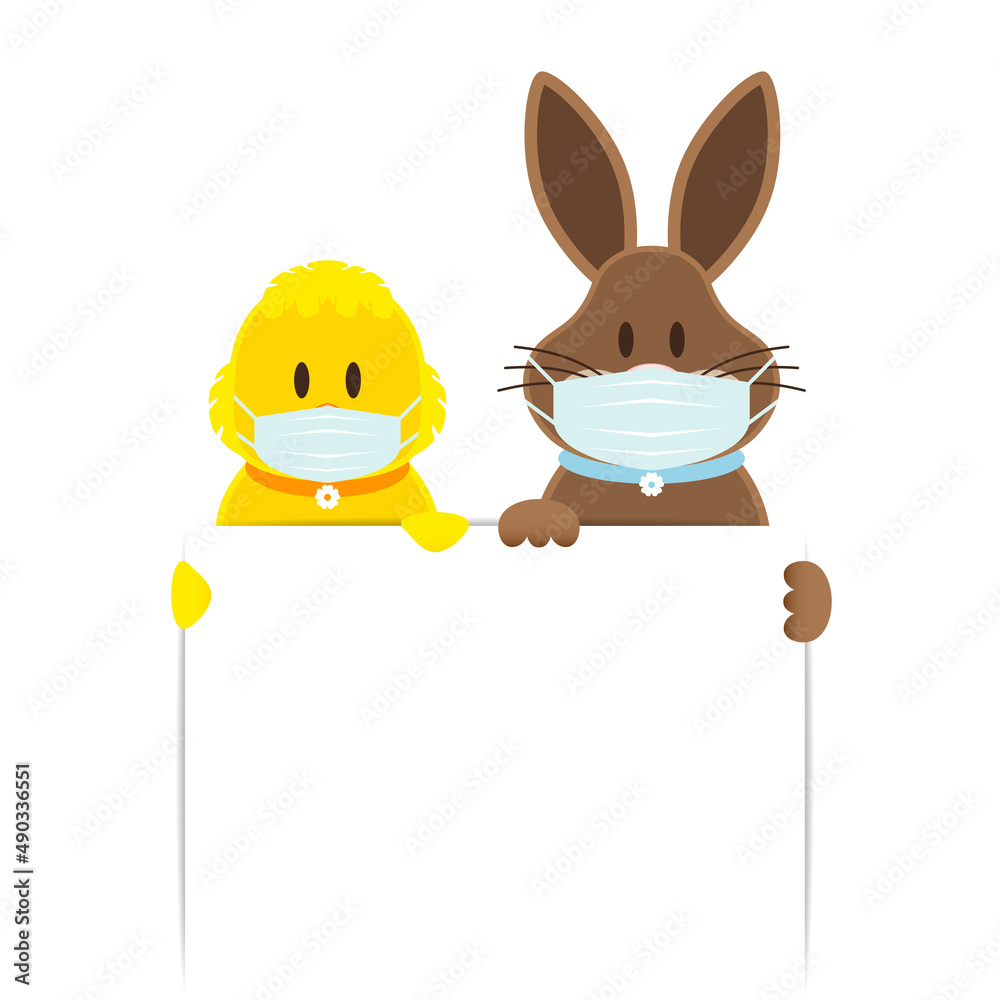 Obraz premium Küken & Osterhase Maske Halten Kleines Schild