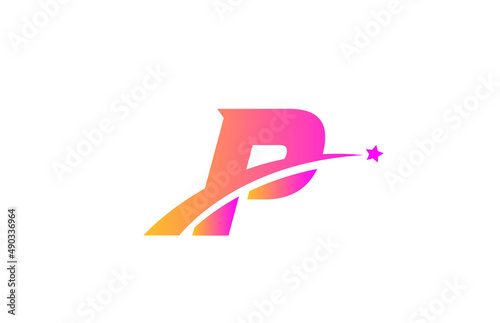 pink star P alphabet letter logo icon design with swoosh. Creative template for company and business