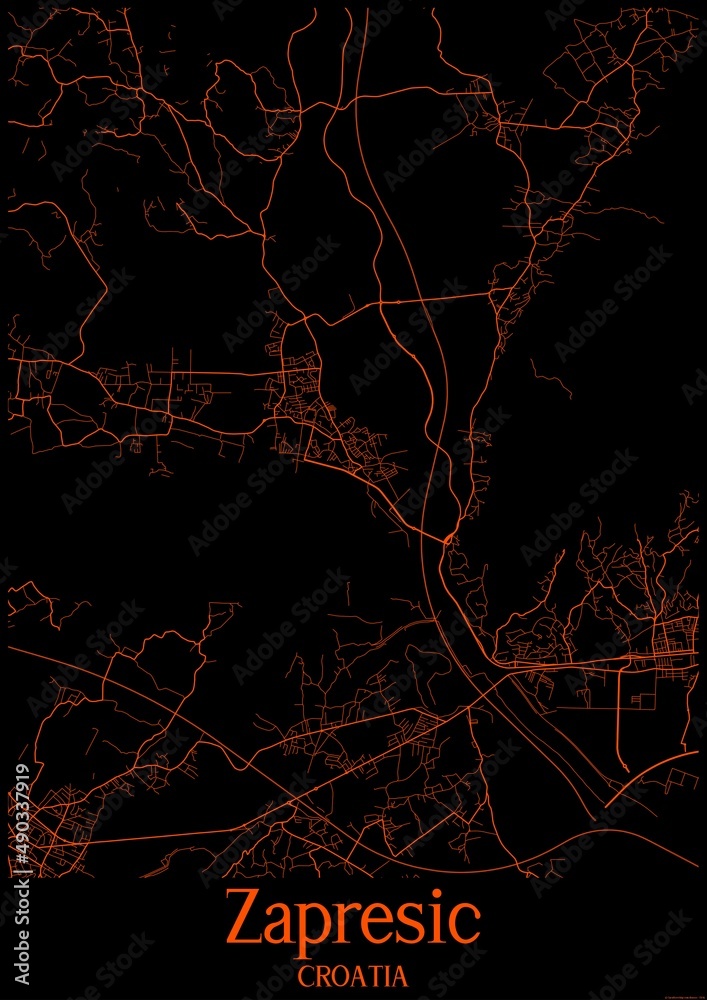 Black and orange halloween map of Zapresic Croatia.This map contains geographic lines for main and secondary roads.