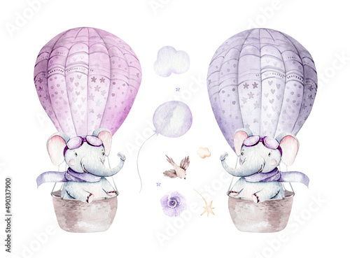 Watercolor purple illustration of a cute animal safary elephant and fancy sky scene complete with airplanes and balloons, clouds. Baby Boy and girl pattern. baby shower photo