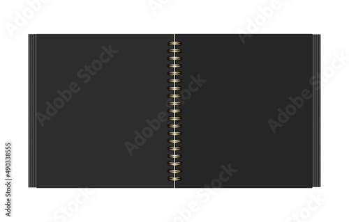 Open photo album or book with black empty pages. Square scrapbooking album on golden metal spirals. Vector realistic Mockup. Template for your design. EPS10.