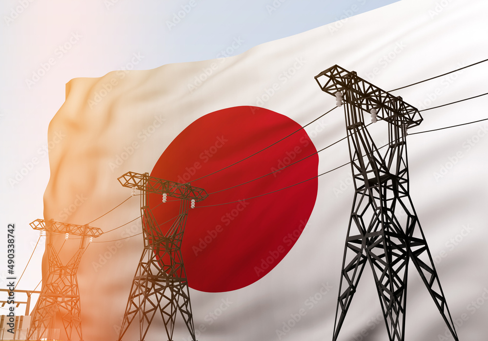 power lines against background flag of Japan