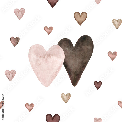 Stylish pattern with watercolor love hearts. Rose and beige seamless background, Digital paper nad textile. Valentine day