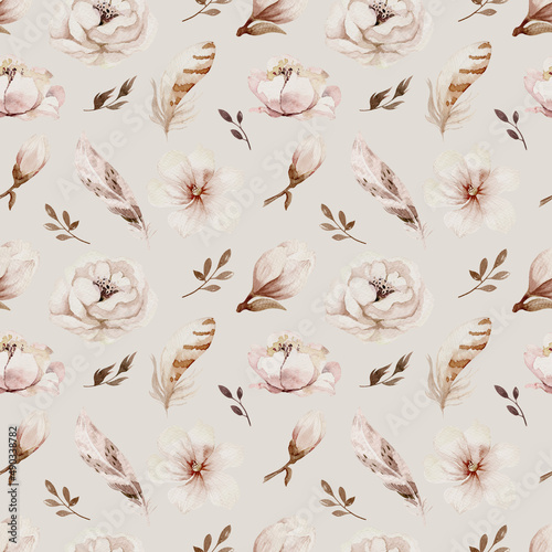 Fototapeta Naklejka Na Ścianę i Meble -  Watercolor floral vintage seamless pattern with feathers, flowers, branches watercolor illustration
