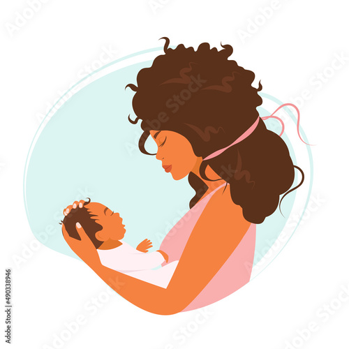 A beautiful dark-skinned young mother holds a newborn baby in her arms. Love, family, motherhood. vector illustration.