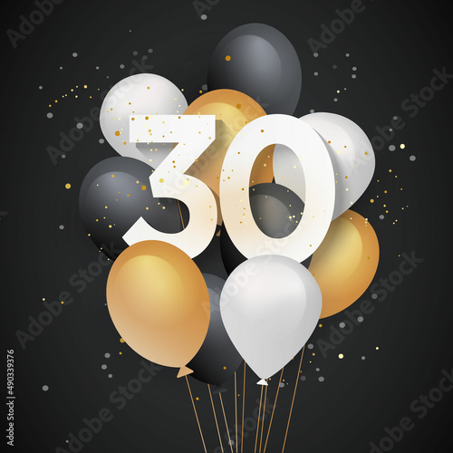 Happy 30th birthday balloons greeting card background. 30 years anniversary. 30th celebrating with confetti.