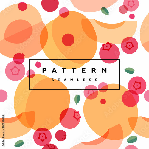 Peach, mango and cranberry seamless pattern. Fruits and berries background. Transparent berries, fruits and frame with text is on separate layer.