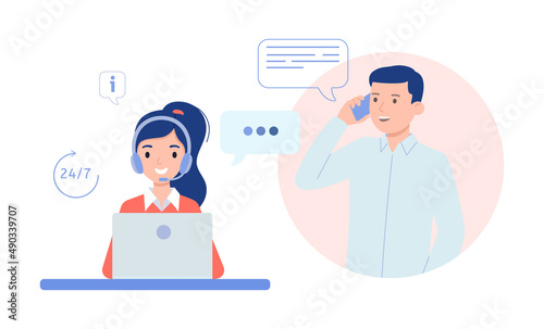 Girl in headphones communicates with client. Technical support for customers 24-7, telephone hotline for business.