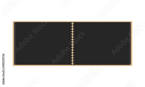 Horizontal scrapbooking album on golden metal spirals and beige cover. Open photo album or book with black empty pages. Vector realistic Mockup. Template for your design. EPS10.