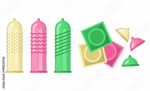 Different forms and types of condoms and packages icon set isolated on white background. Latex condoms collection, Contraception method for safe sex. Sexual protection vector illustration