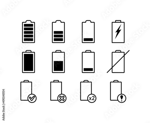 Battery flat line icons set. Battery with different levels of charge indicator. Simple flat vector illustration for web site or mobile app