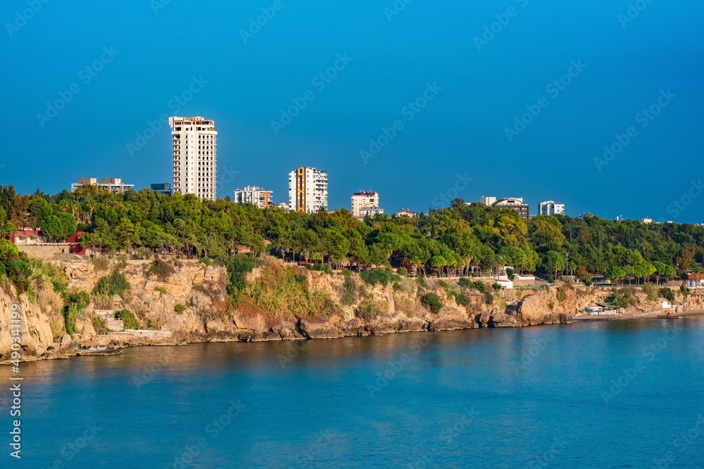 view of the high coast of the city of Antalya from the sea