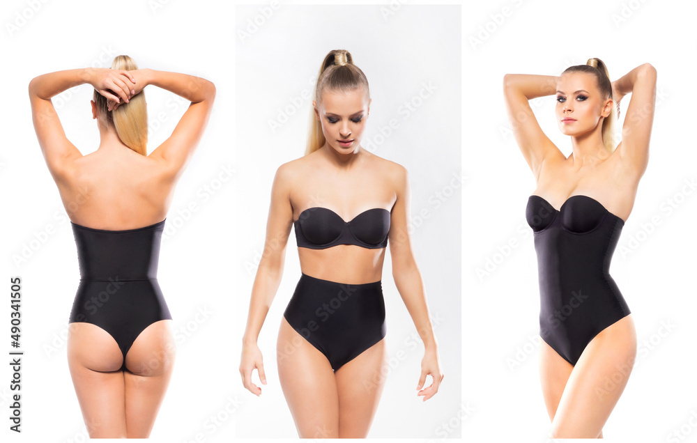 Young, fit and beautiful blond woman in white swimsuit isolated on white background. Healthcare, diet, sport and fitness. Young, fit and beautiful blond woman in white swimsuit isolated on white background. Healthcare, diet, sport and fitness.