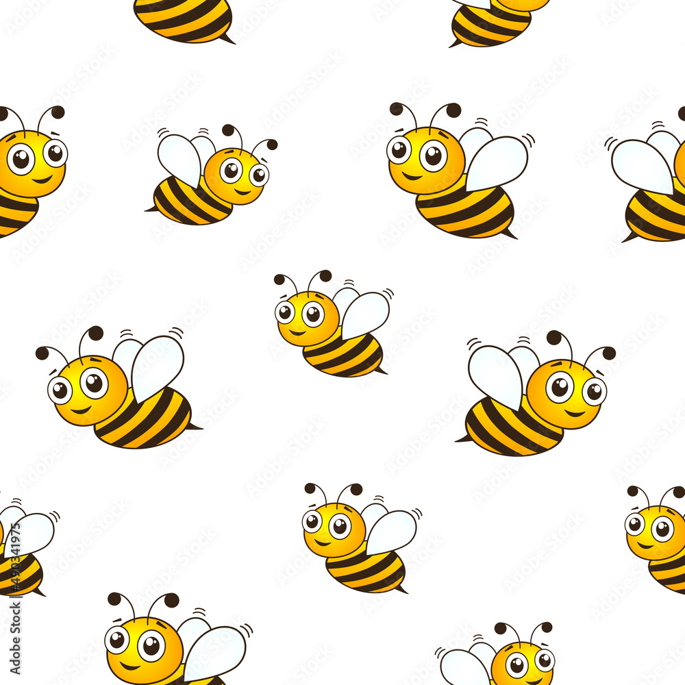 Seamless bee pattern. Honey bees flying on white background. Happy bumblebee insect texture. Vector cute illustration Seamless bee pattern. Honey bees flying on white background. Happy bumblebee insect texture. Vector cute illustration