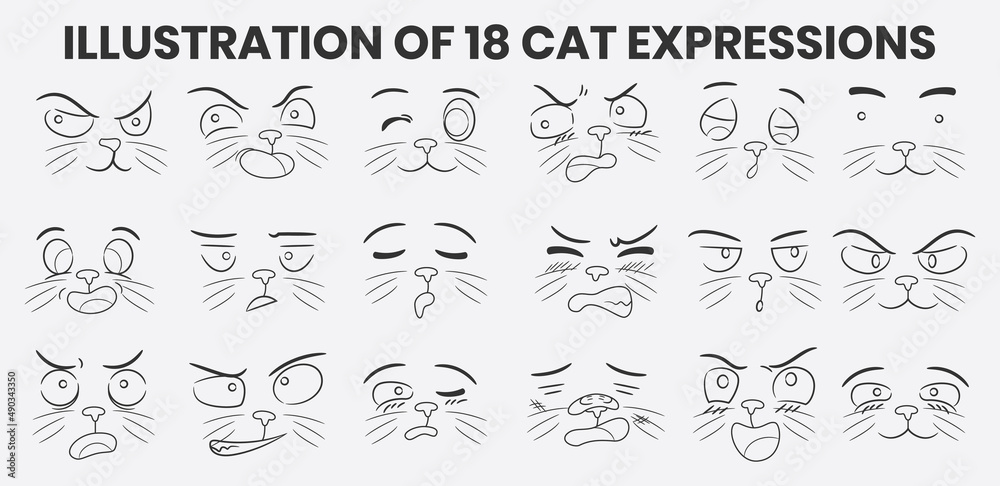 Collection of cute cat expression illustrations with 18 variants