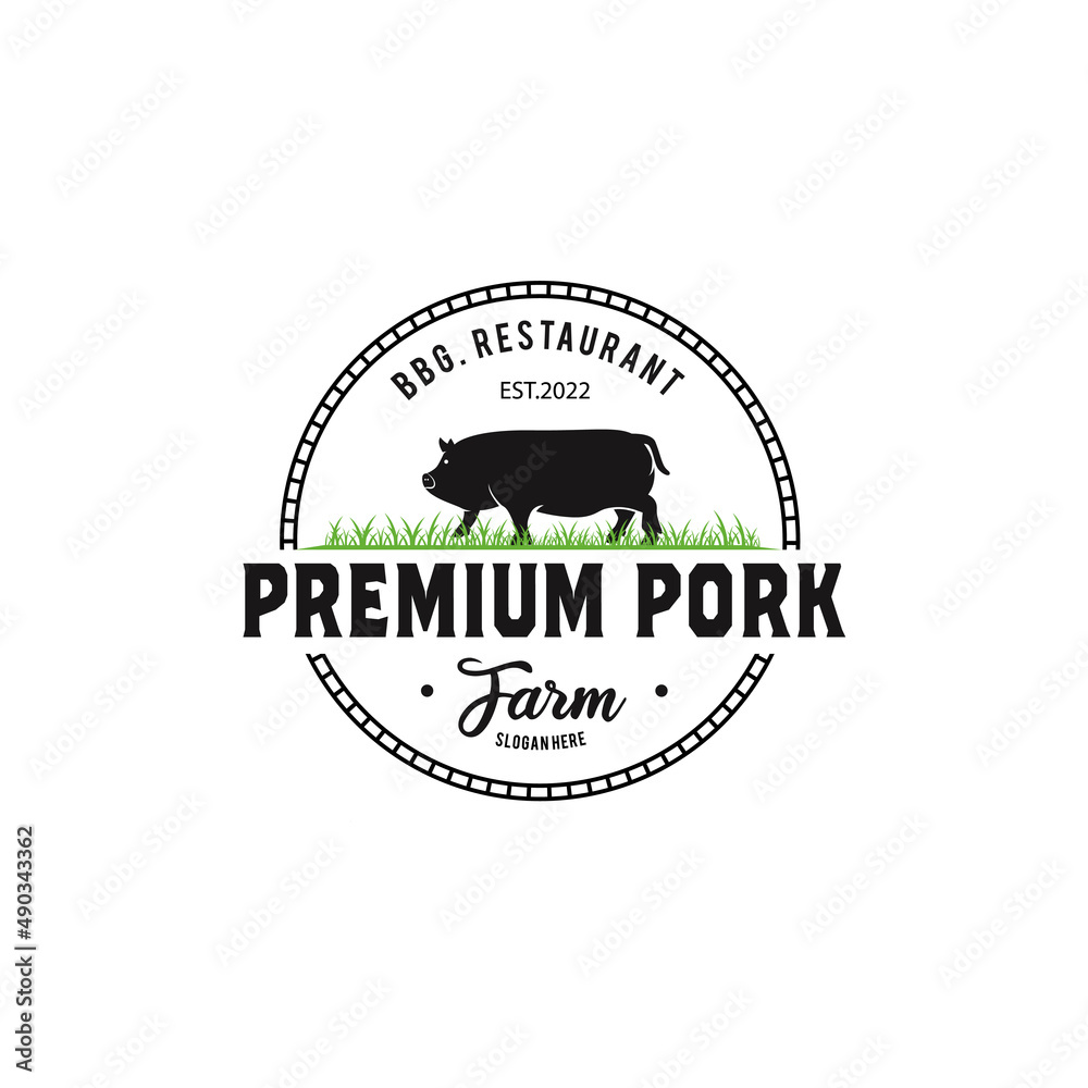 Pig farm animal logo on the prairie, premium pig animal
