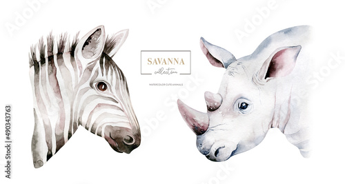 Canvas Print Africa watercolor savanna zebra and rhino animal