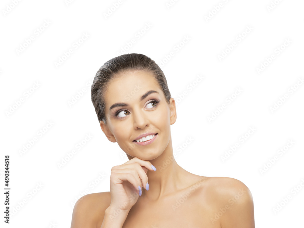 Studio portrait of a young, beautiful and healthy girl. Attractive female face isolated on white background. Studio portrait of a young, beautiful and healthy girl. Attractive female face isolated on white background.